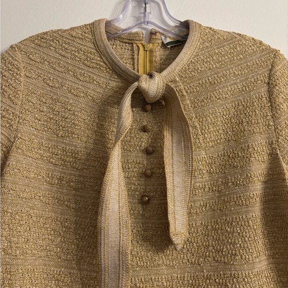 Vintage 60s Tannel Knit gold Elegant Tan Short Sleeve Dress - Picture 2 of 4